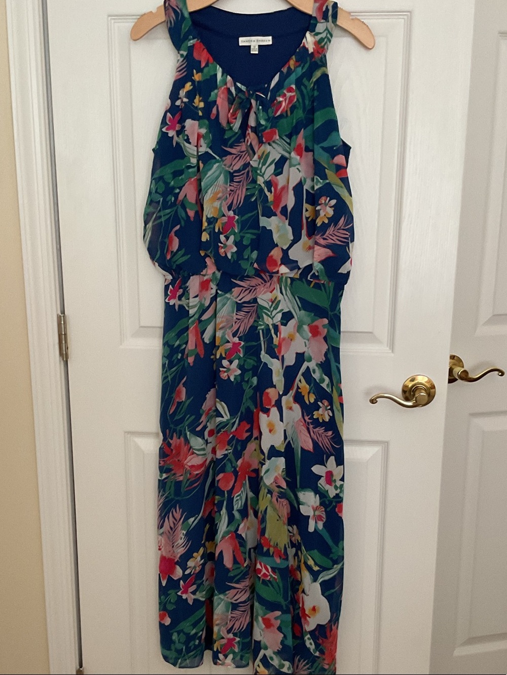 Sandra Darren Navy Floral Leaf Tie-Front Top